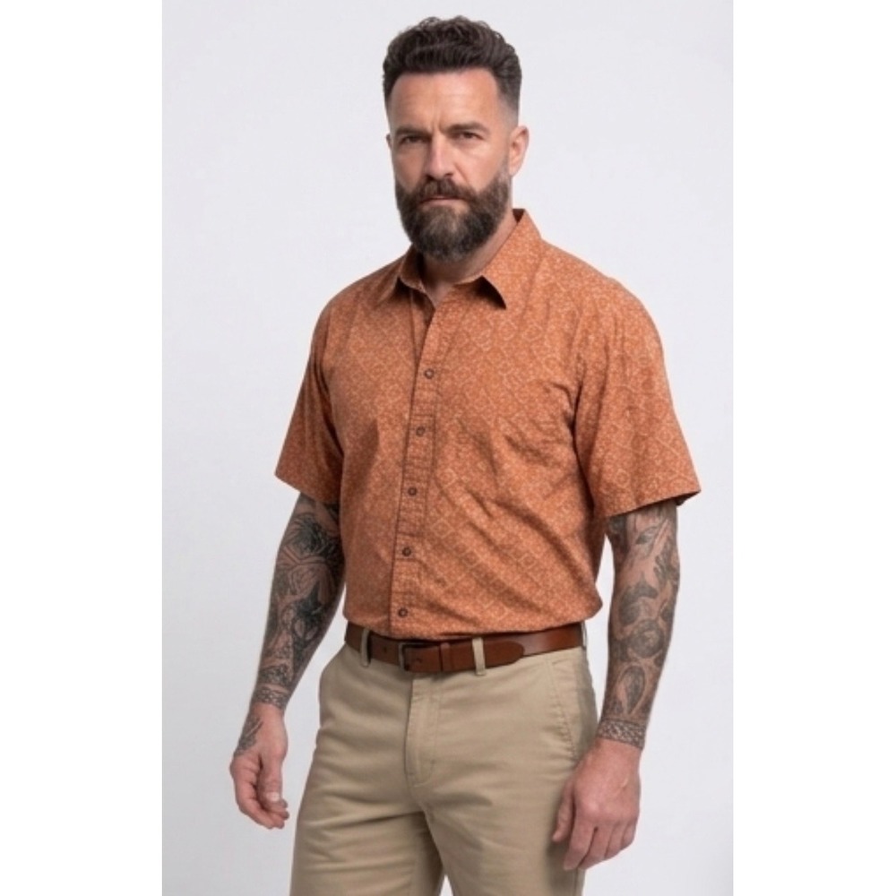 Cabelas Button Down Shirt Mens L Tall Orange Excellent Geometric Vented Back